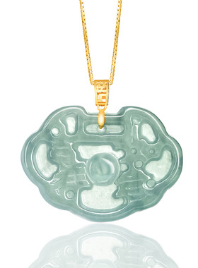 翠莹福天然A货翡翠蓝水吉祥如意吊坠18K金镶嵌冰种女款玉坠D677