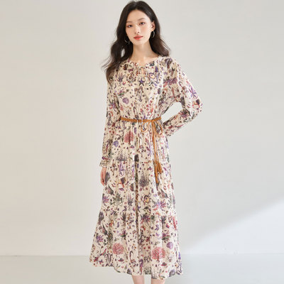 25秋季 海底花园 100棉浪漫印花轻奢气质高腰显瘦碎花连衣裙25567