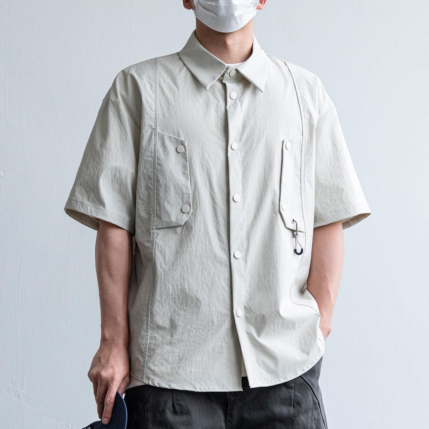 日系简约复古个性剪裁口袋短袖衬衫男士夏季情侣百搭半袖衬衣外套