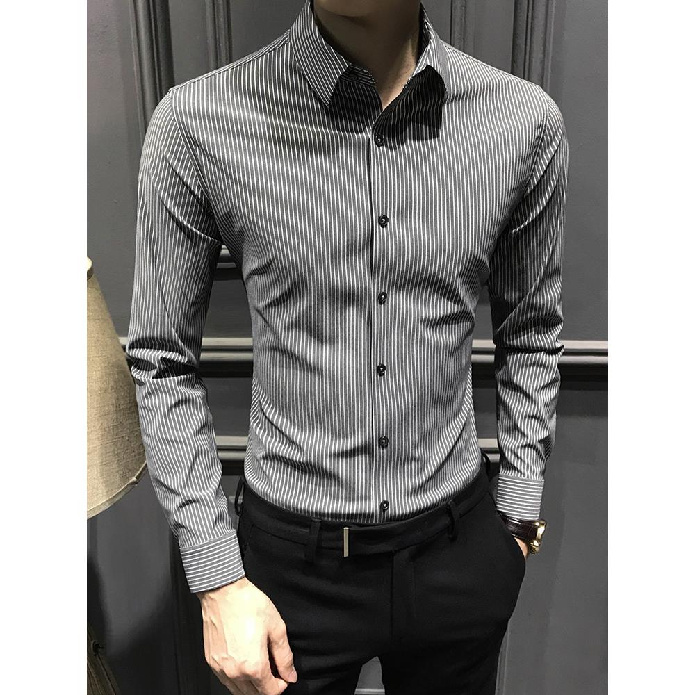 高级感衬衫长袖男高端痞帅2025新款条纹修身衬衣休闲商务男装免烫