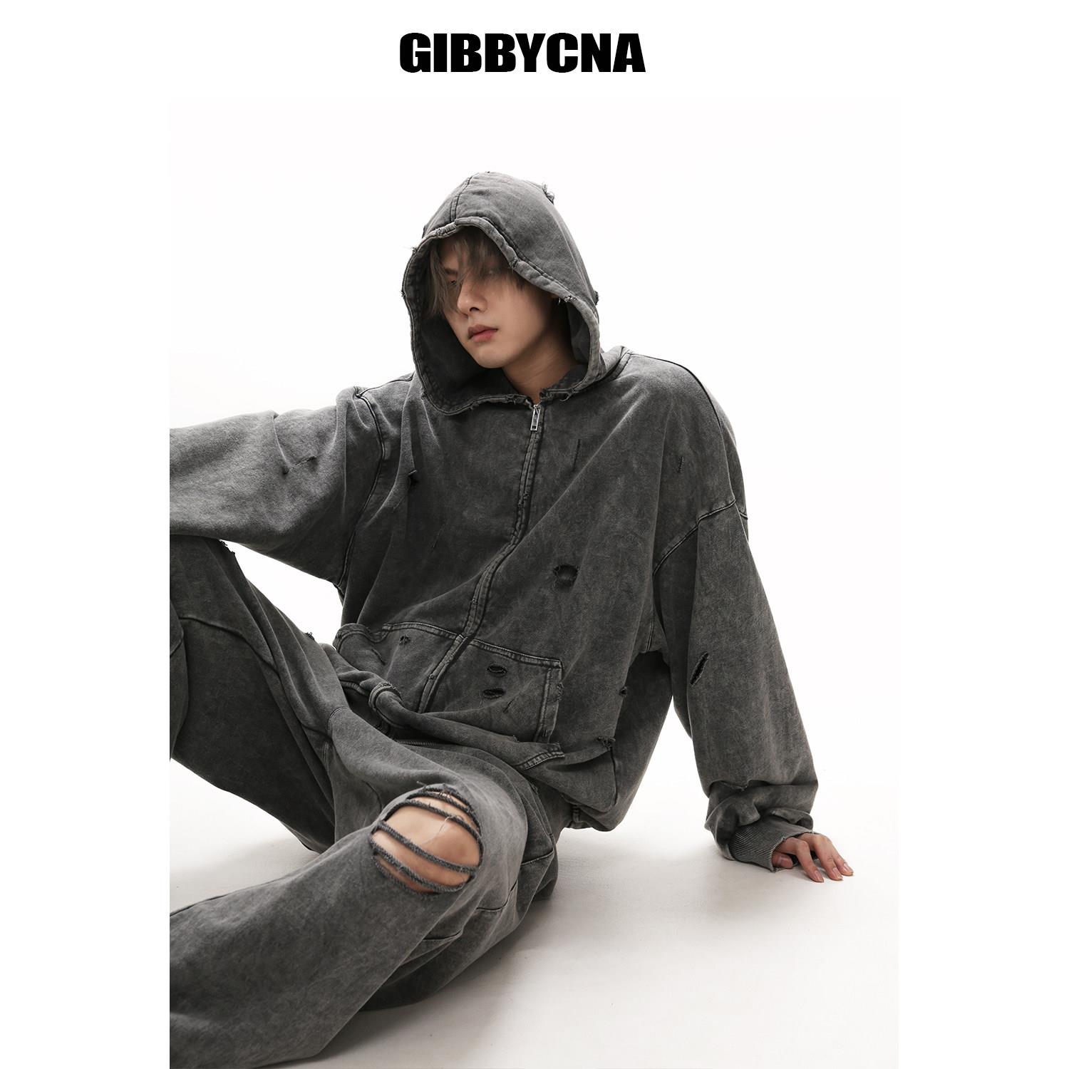 GIBBYCNA 春季休闲上衣运动套装男复古做旧连帽开衫外套宽松百搭