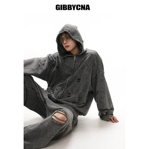 GIBBYCNA 春季休闲上衣运动套装男复古做旧连帽开衫外套宽松百搭