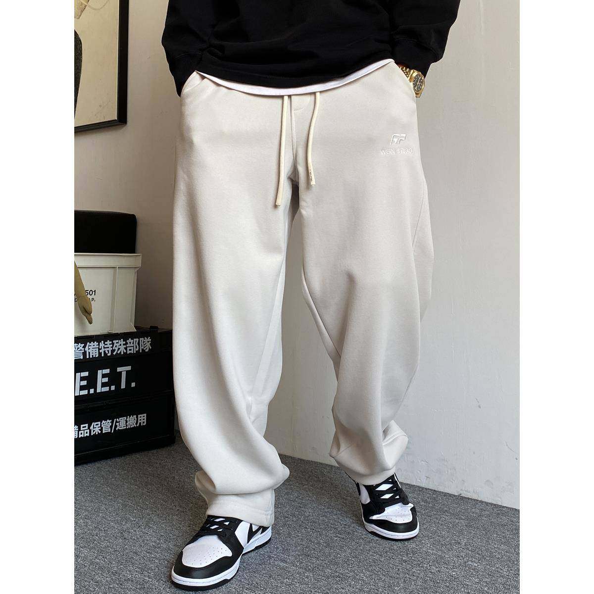 春秋季美式休闲痞帅高端针织卫裤男直筒宽松抽绳百搭阔腿运动裤子