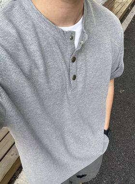 22TREE美式小众中性设计感cleanfit亨利领短袖T恤男重磅宽松体恤