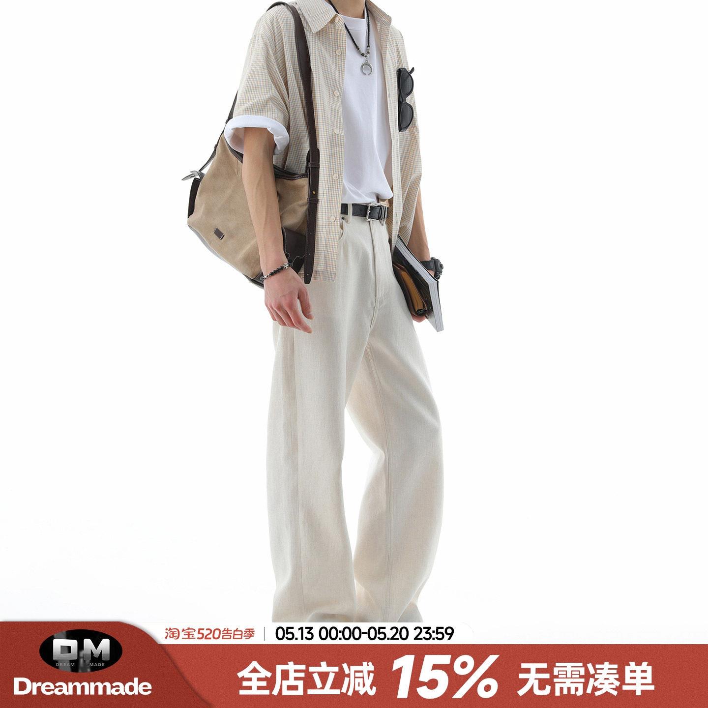 Dream made 老钱风亚麻休闲裤男款夏季薄款直筒男生白色修身裤子