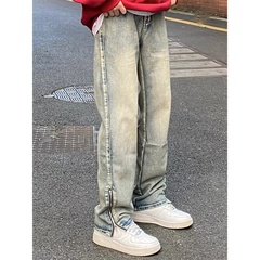 AHCN美式黄泥水洗拉链牛仔裤高街头复古百搭休闲宽松显瘦男女长裤