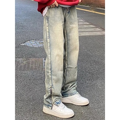AHCN美式黄泥水洗拉链牛仔裤高街头复古百搭休闲宽松显瘦男女长裤