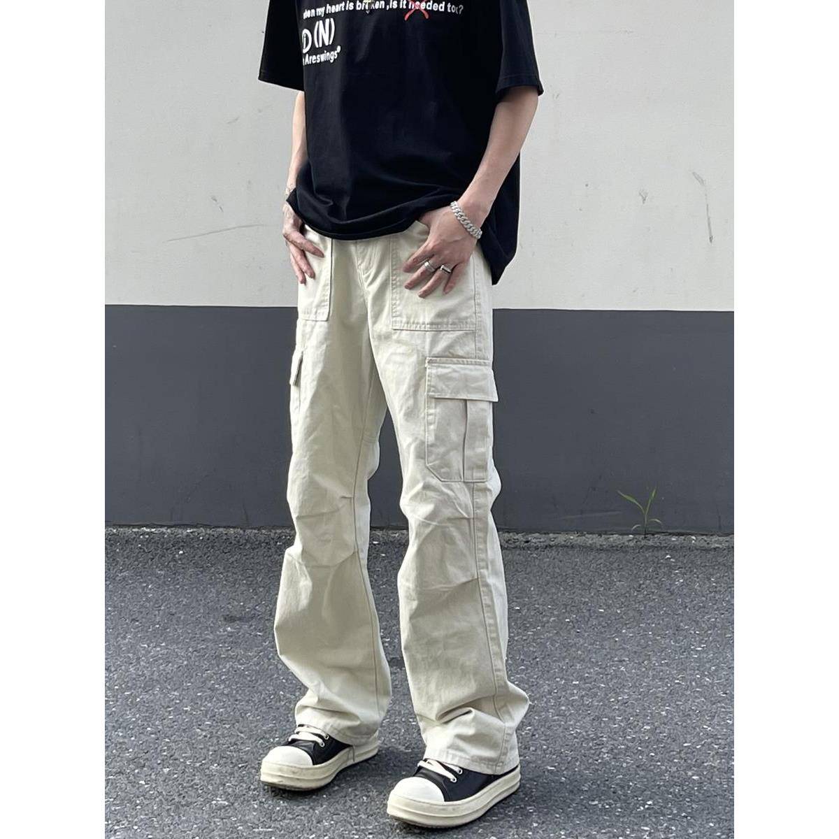 LEFT7 多口袋米白色工装裤男美式潮牌机能直筒高级感垂感阔腿长裤