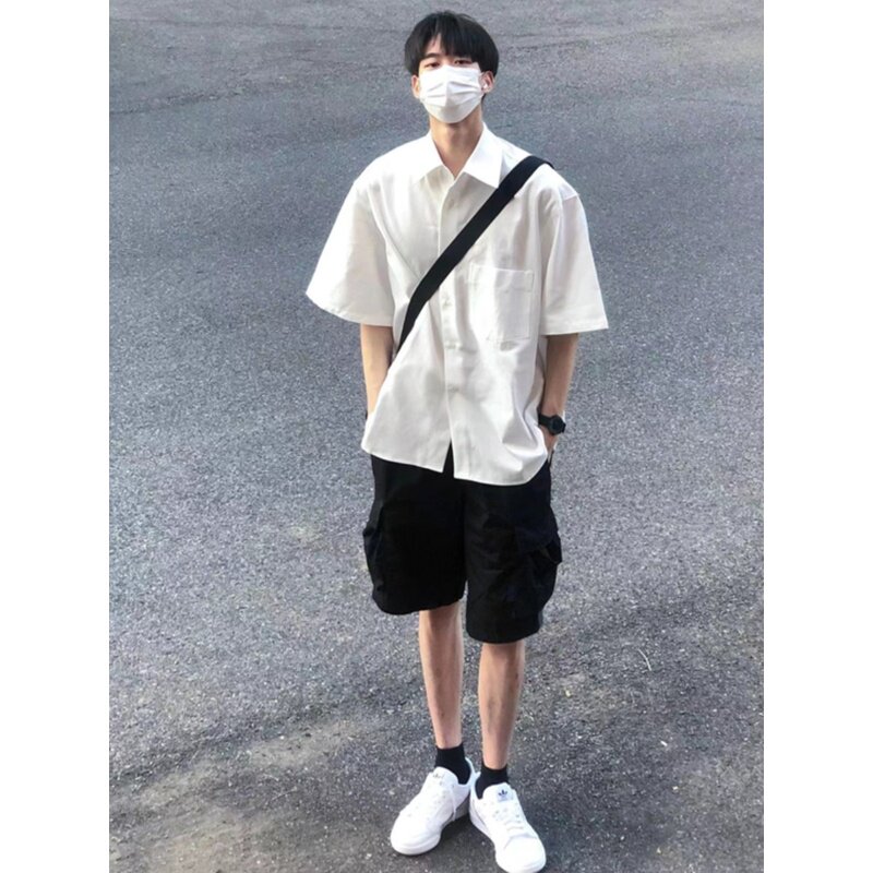 dk棉质白衬衫男短袖夏季设计感高级潮牌潮流宽松休闲大码半袖衬衣