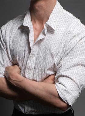 泡泡纱 BD健美站老钱风白色长袖衬衫男士黑色人夫感衬衣男健身