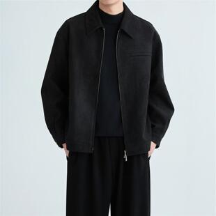 2026新款春秋季男士休闲黑色翻领工装夹克韩版宽松潮流麂皮绒外套