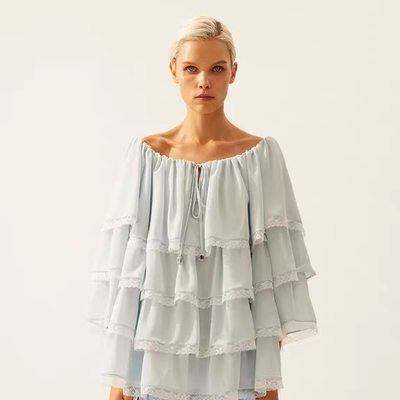 拼接多叠层系带一字肩长袖薄上衣