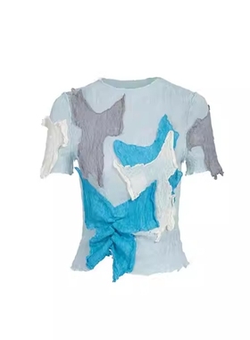 BIBILEE STUDIO25春夏新品撞色蝴蝶贴布拼接圆领短袖上衣