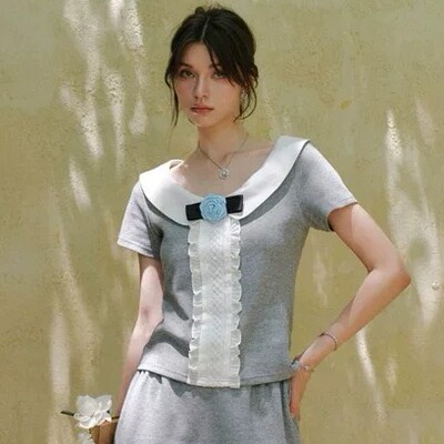 拼接蕾丝针织娃娃领T恤裙裤女
