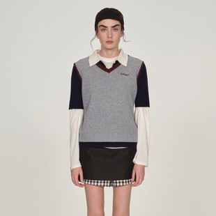 新款 ICE 女2025PF秋季 DUST撞色假两件短袖 羊毛叠穿上衣 针织POLO衫