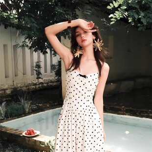 Marc Moore新品25春夏复古波点收腰吊带连衣裙女