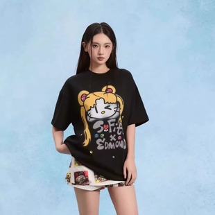 25SS夏季 SOFITTE 多巴胺穿搭艺术家联名黄色Kitty印花炫彩水钻T恤