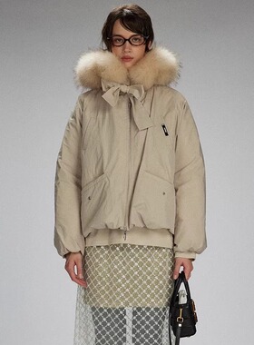 [LACERTA/莱瑟塔]2025冬季美式复古大毛领连帽鹅绒羽绒服外套女