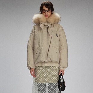 [LACERTA/莱瑟塔]2025冬季美式复古大毛领连帽鹅绒羽绒服外套女