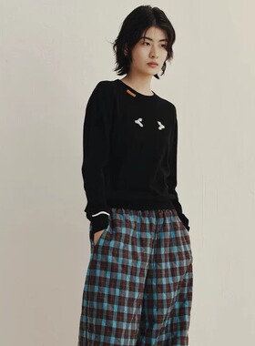 夹生 HALF MADE 25秋冬新品 蓝色格纹绗棉长裤