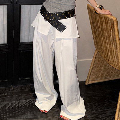 MMFISH时髦街头休闲纯色屁帘拼接假两件直筒宽松工装阔腿裤