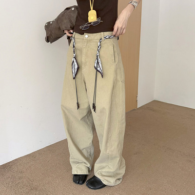 MMFISH时髦街头洗水弯刀牛仔阔腿宽松长裤（配双色腰绳）25K515