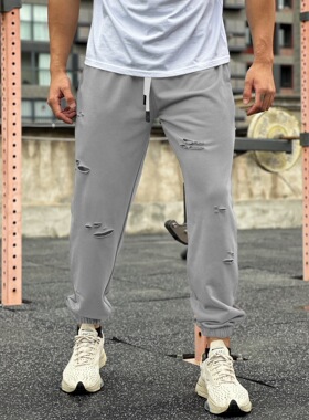 秋季休闲裤训练裤子男小脚跑步运动长裤男宽松健身破洞战损卫裤
