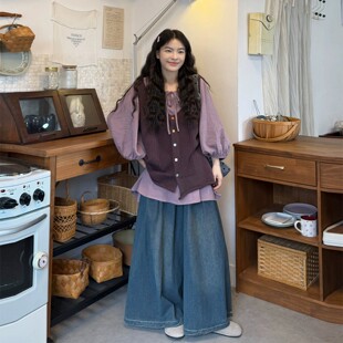 胖薯大码甜美风针织马甲衬衫套装秋冬新款宽松两件套小个子穿搭女