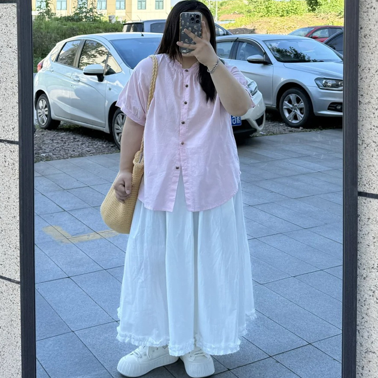 胖薯大码温柔风设计感Polo领减龄气质粉色衬衫女2025新款防晒上衣