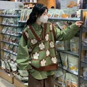 胖薯大码 200斤日系甜美格叠穿花朵针织马甲背心毛衣绿色上衣套装