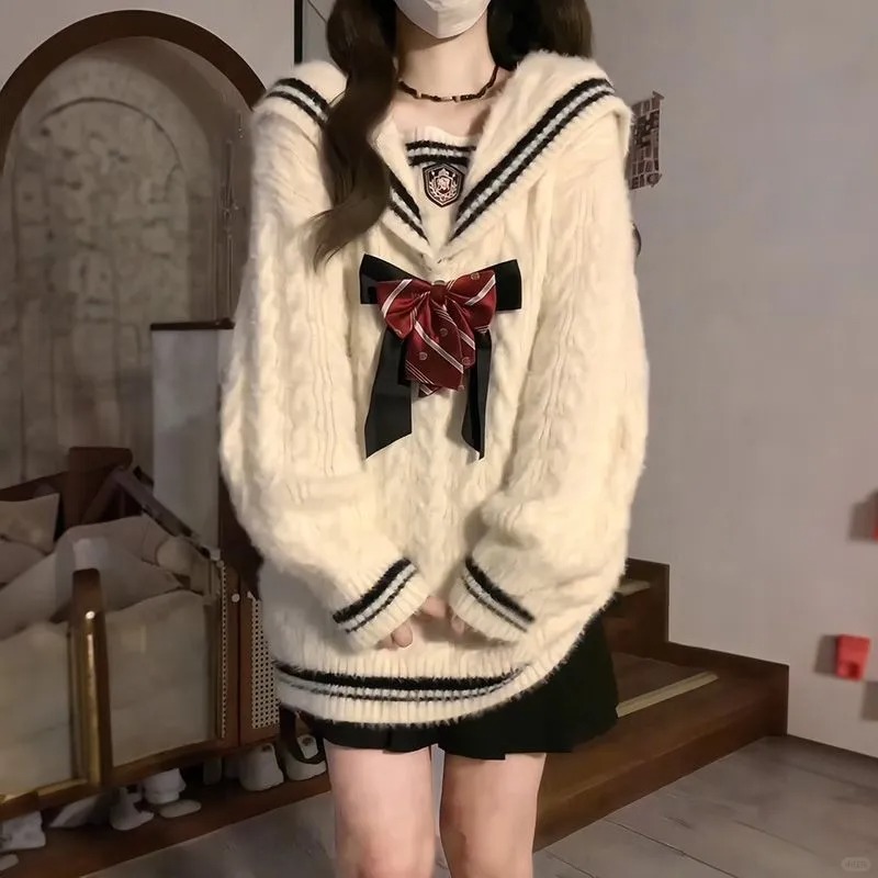 胖薯大码学院风蝴蝶结海军领针织麻花套头毛衣软糯针织上衣新款女