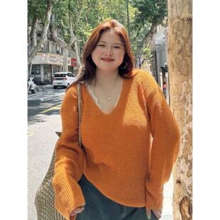 胖薯大码300斤慵懒风v领毛衣女秋季2025新款高级感宽松针织衫上衣