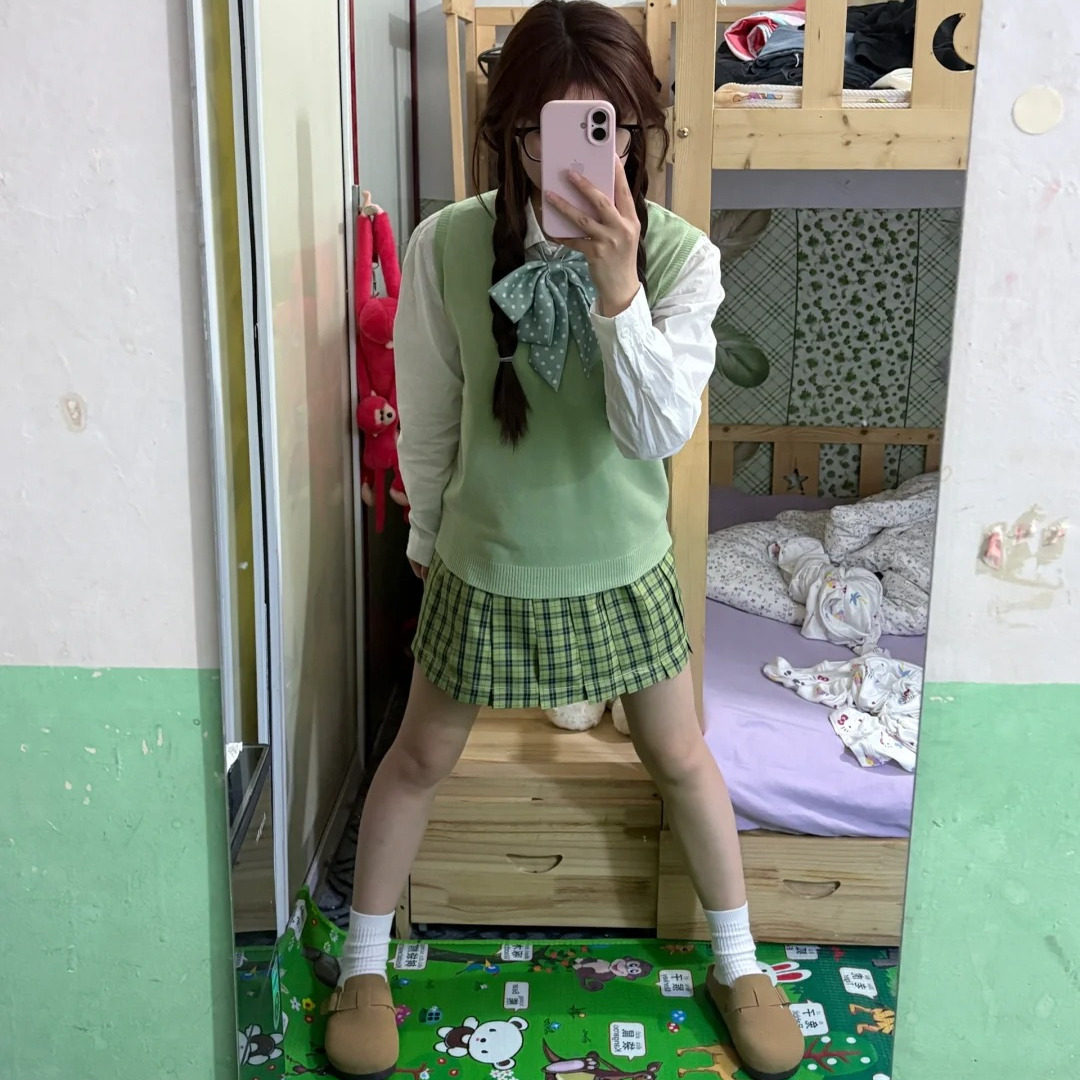 胖MM大码小青梅/日系JK制服针织衫夏季绿格短裙套装马甲背心毛衣
