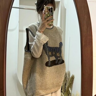 胖薯大码森系卡通可爱猫咪提花马甲背心女冬新款宽松显瘦文艺叠穿