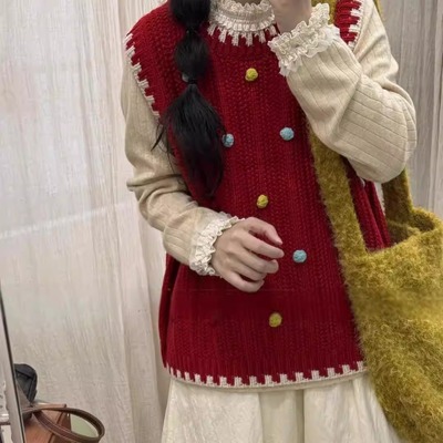 胖薯大码韩系百搭花边立领显瘦女秋季叠穿彩扣镂空针织背心马甲