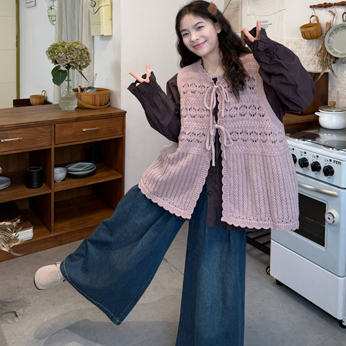 胖薯大码日系学院风文艺套装花纹针织马甲木耳花边长袖衬衫两件套