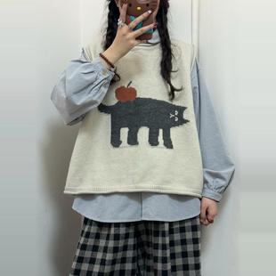 胖薯大码秋冬复古童趣感猫咪毛衣搭配日学院风系马甲衬衫两件套女