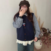 胖薯大码 两件套 时尚 韩系格子蕾丝花边长袖 衬衣针织马甲背心女新款
