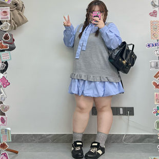 裙花苞裙女背心马甲 韩系复古蝴蝶结系带衬衫 胖薯大码 学院风套装