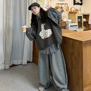 胖薯大码女装日系套装女卡通提花针织马甲设计感印花背心百搭无袖