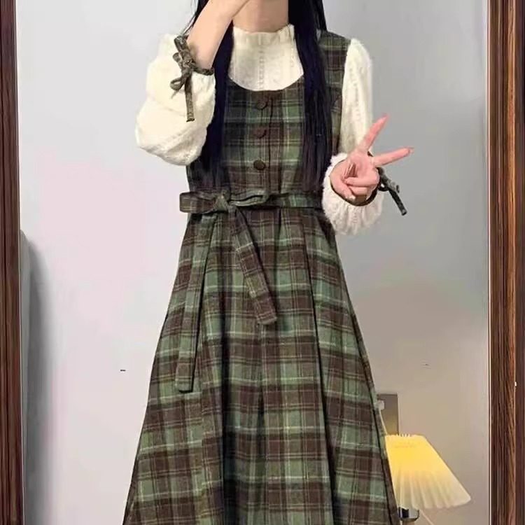 胖薯大码春秋森系复古假两件连衣裙泡泡收腰拼接裙子新款学生长裙