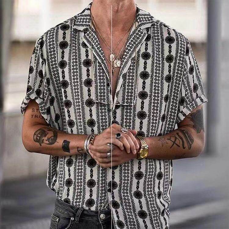 2023欧美印花衬衫翻领短袖男士休闲上衣Men's short sleeve s