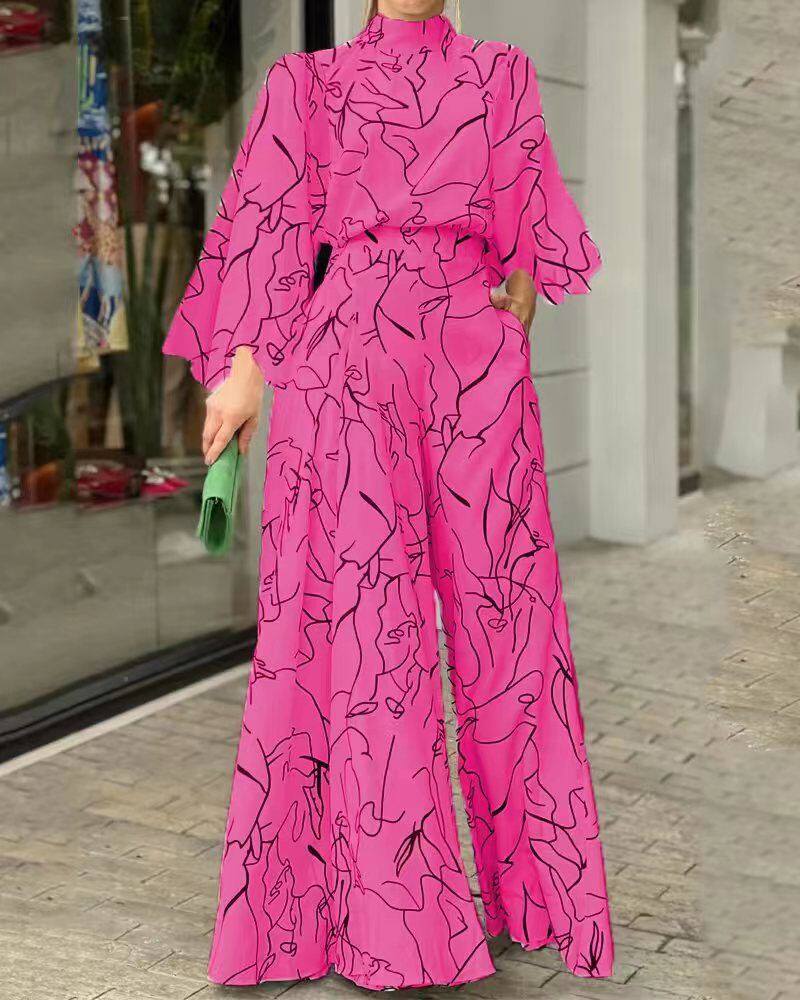 系带长袖挂脖印花连体裤Lace Up Halter Trousers Print Jumpsuit