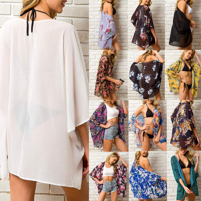 2019 Summer Women Chiffon Floral Kimono Beach Cardigan Sheer