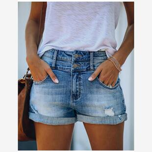 跨境欧美潮流破洞卷边弹力高腰牛仔女短热裤Women's jean shorts