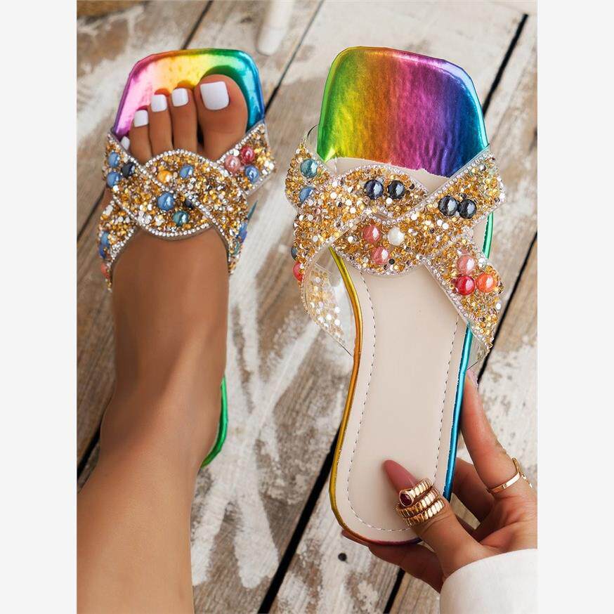 炫彩平底女2024夏季新款珠子亮片外贸大码沙滩一字凉拖鞋slippers