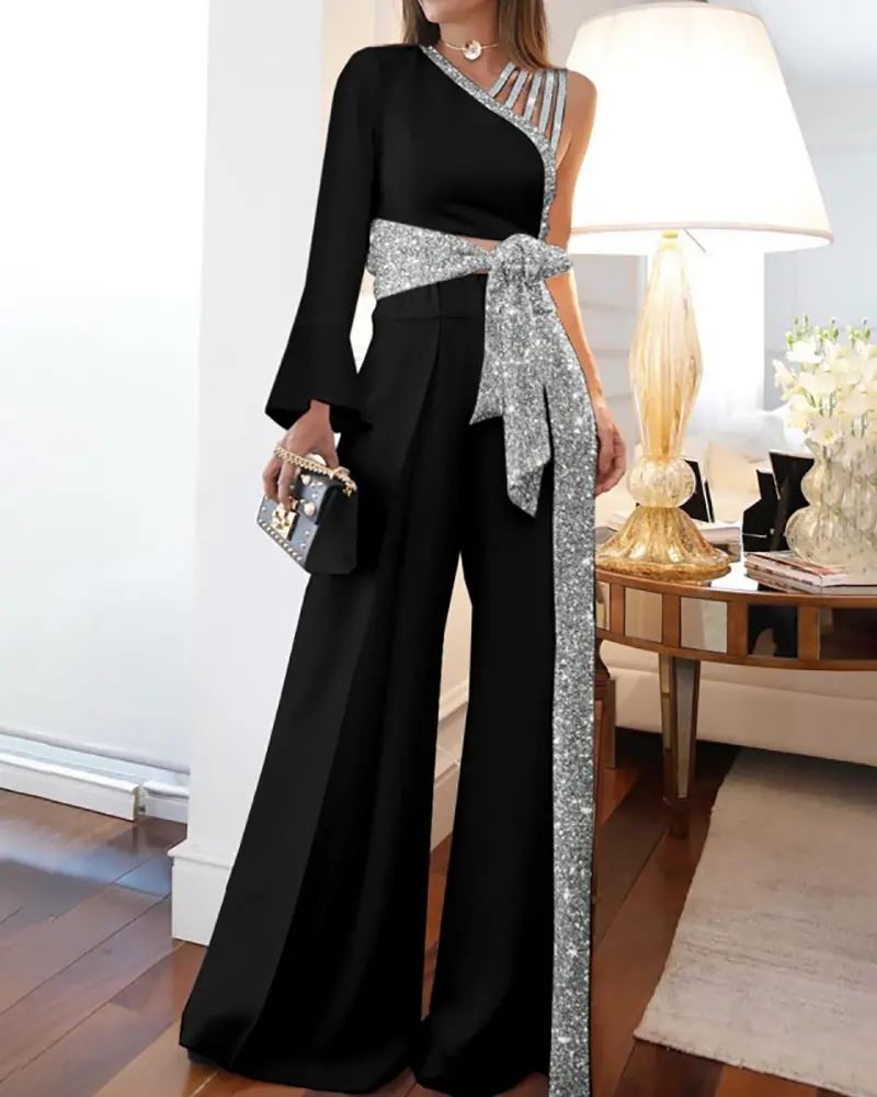 单肩绑带收腰连体喇叭裤One Shoulder Metallic Bootcut Jumpsuit