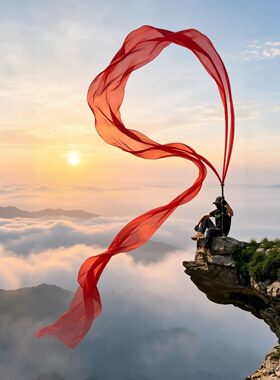 登山杖上的红丝带红绢帛飘带超宽八厘米披帛户外爬山登山拍照道具