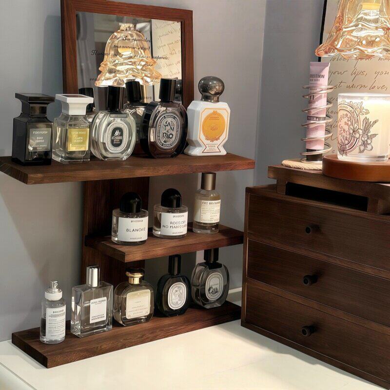 复古香水置物架梳妆台护肤品多层实木收纳整理架桌面化妆品展示架