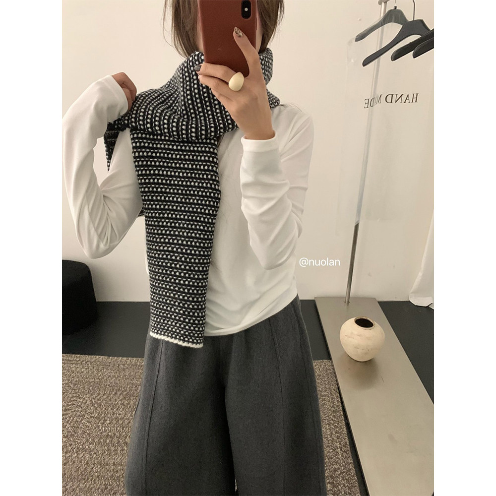 黑白小点提花针织围巾女冬季复古撞色韩系加厚长款保暖毛线围脖